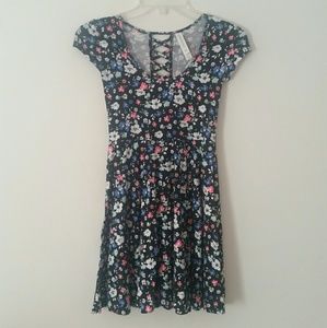 Black, Neon, Blue Floral Criss Cross Skater Dress